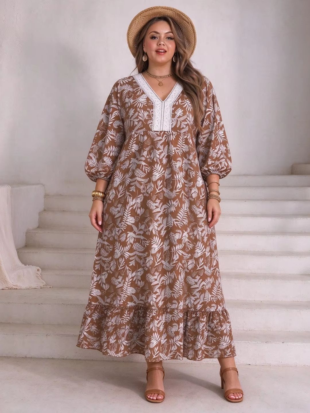 Boho Summer Beach Maxi Dress - Plus Size Damen Maxikleid mit Blatt-