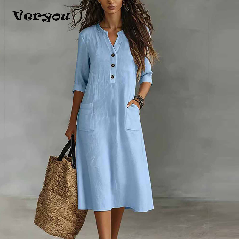 Boho Summer Beach Maxi Dress - Damen Freizeitkleid, einfarbig, halbe Ärmel, Baumwolle