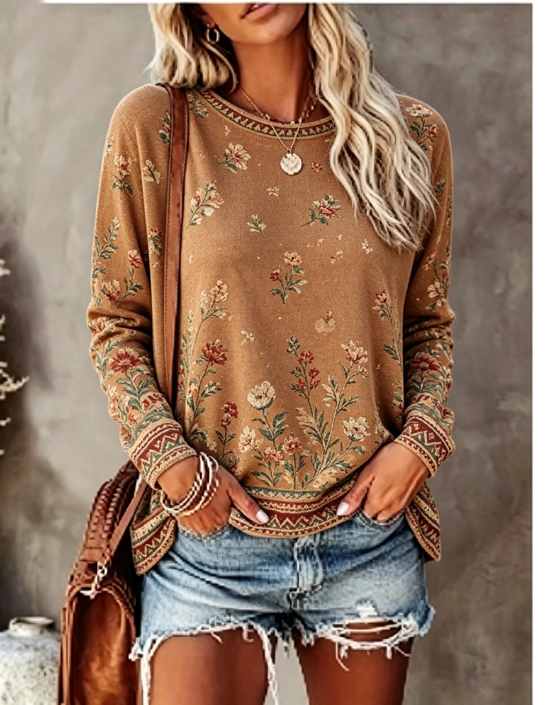 Blouses - Damen-T-Shirt mit Rundhalsausschnitt und langen Ärmeln,