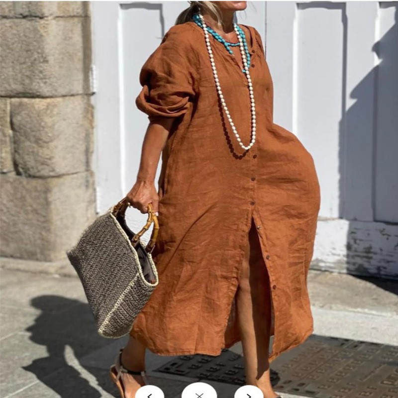 Modisches, elegantes Frühlings – Casual Loose Linen Shirt Dress Bewertung und Preis